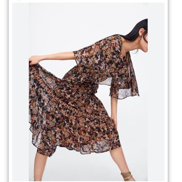 Zara Floral Print Midi Dress with deep V back black Size S - Picture 4 of 13